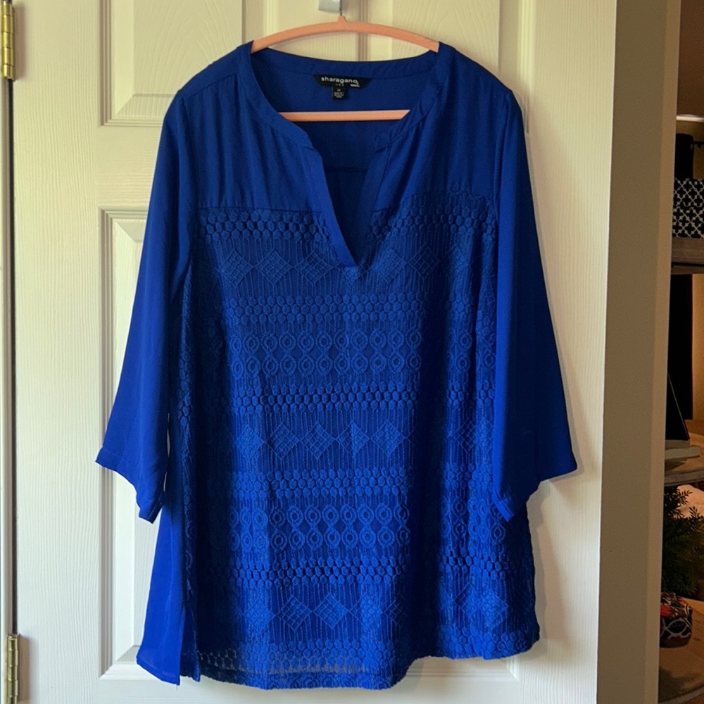 Women’s plus size royal blue three-quarter inch sleeve lace overlay blouse